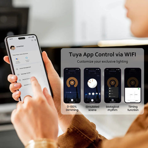 Person using mobile app to control Smart Under Cabinet Lighting Kit With Dimmable LED Strip Lights 24V Plug In Linkable Bar Lights.