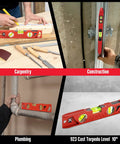 Rock Hard Professional Grade Cast Aluminum Torpedo Level With Magnetic Dual View Plumb Vial For Quick And Dirty Measuring And Tight Drywall Joint Layouts On Site, shown in carpentry and plumbing use.