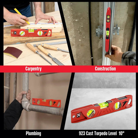Rock Hard Professional Grade Cast Aluminum Torpedo Level With Magnetic Dual View Plumb Vial For Quick And Dirty Measuring And Tight Drywall Joint Layouts On Site, shown in carpentry and plumbing use.
