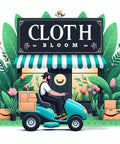 Illustration of a person on a garden tractor in front of a shop with a sign reading 'Cloth Bloom', surrounded by plants and boxes.