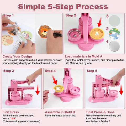 Blush Pink Button Maker Machine 58mm Pin Badge Press Tool With 30 Complete Sets And Sharp Cutter Plug And Play DIY Kit No Sweat Crafting Setup for creating custom badges.