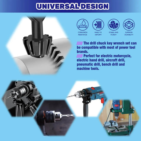 Dude, Check This Out! Premium Universal 8 Piece Drill Chuck Key Wrench Set shown with compatible power tools and design features.