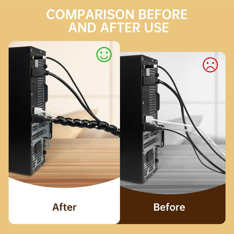 Spiral Cable Wrap 10ft Cable Sleeve before and after use, showing organized cords with flexible cable management.