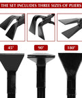 Three Piece Hand Seamer Sheet Metal Tool Set showing three plier sizes for 45, 90, and 180 degree bends with sharp ground jaws.