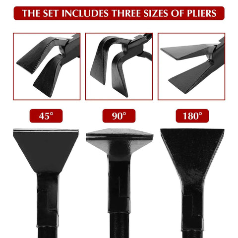Three Piece Hand Seamer Sheet Metal Tool Set showing three plier sizes for 45, 90, and 180 degree bends with sharp ground jaws.