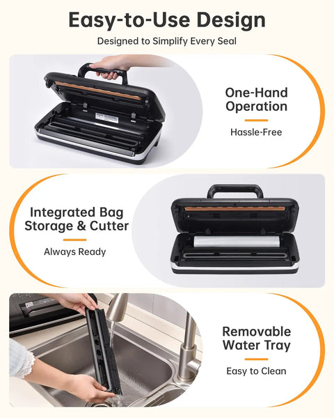 Heavy Duty Vacuum Sealer Machine With 85KPa Suction, Pro Grade, Double Seal, showing one-hand operation and integrated cutter