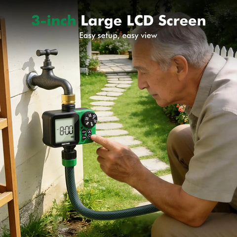 Person adjusting Oversized LCD Sprinkler Timer For Outdoor Hose Faucet, No Fuss Programmable Watering System With Brass Inlet.