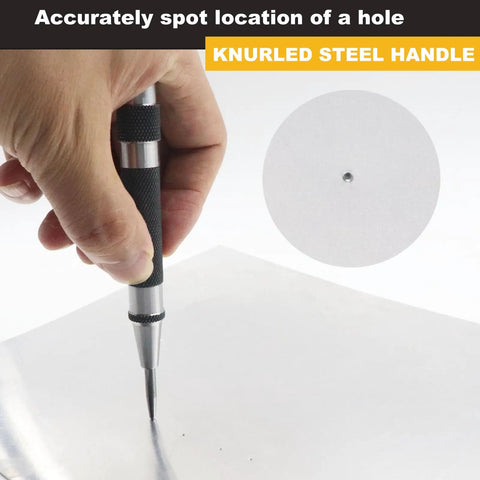Two Pack Steel Automatic Center Punch with Adjustable Stroke in use on metal, showing knurled handle and precise marking
