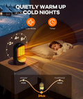 Crank Up The Heat 1500W Space Heater For Your Desk And Office next to sleeping child, showing low noise and timer features