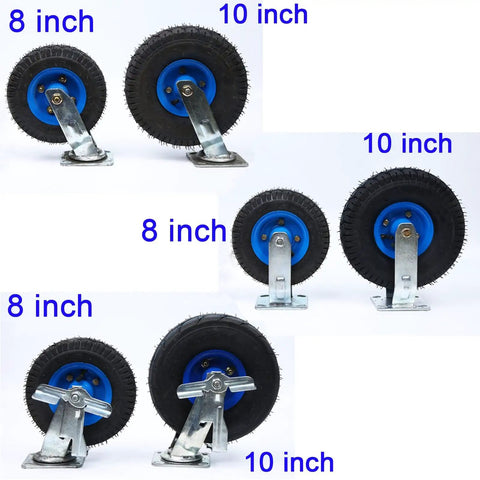 Heavy Duty Industrial Caster Wheels Four Pack Eight Inch Air Filled Rubber Casters Packed With Two Locking Pedal Brakes And Two Swivel Rollers Built Tough Steel Hub Shock Absorbing Cushion With Quick Install Bolts For Smooth Cart Handling