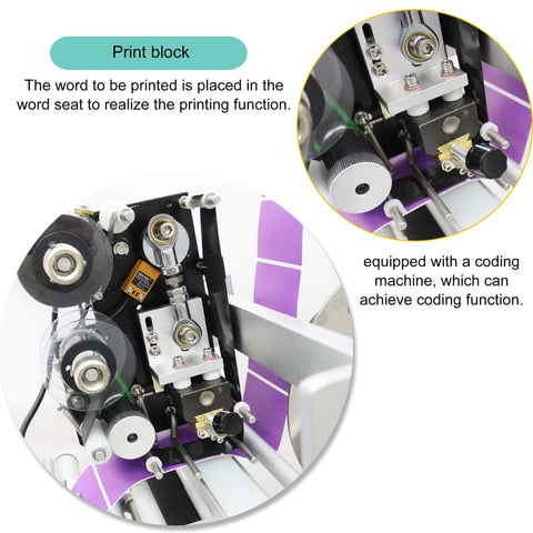 Close-up of the coding mechanism on the Automatic Flat Labeling Machine With High Speed Printer Desktop Conveyor Labeler.