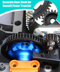 Close-up of Beefed Up 50T M1.0 Hardened Steel Spur Gear with 20T Pinion Gear Upgrade Kit in RC car assembly