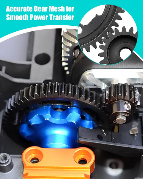Close-up of Beefed Up 50T M1.0 Hardened Steel Spur Gear with 20T Pinion Gear Upgrade Kit in RC car assembly
