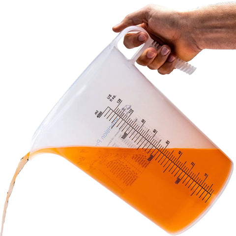 One Gallon 128oz Pitcher With Handy Conversion Chart Built Tough Food Grade Plastic BPA Free Translucent See Through Gripper Handle pouring liquid