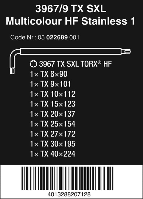 Hex Key Set With Holding Function 9 Piece Multicolor L Keys Ice Hardened Stainless Steel size chart details