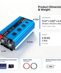 Road Trip Ready 2000 Watt Pure Sine Wave Inverter With 4000 Peak DC 12V To 110V AC Converter showing dimensions and wired remote panel.
