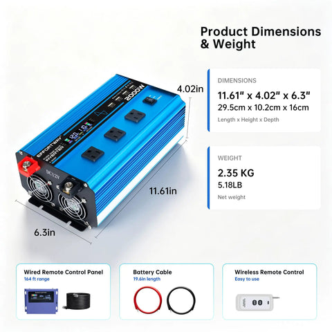 Road Trip Ready 2000 Watt Pure Sine Wave Inverter With 4000 Peak DC 12V To 110V AC Converter showing dimensions and wired remote panel.