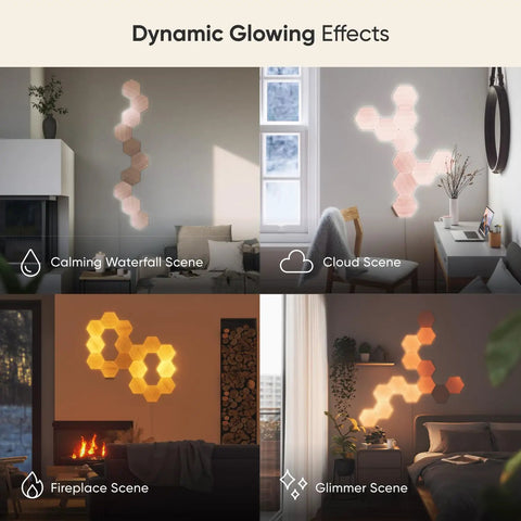 Wood Look Hexagon Smart Wall Lights That Sync With Alexa And Google Assistant displaying dynamic glowing effects in living room decor