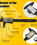 Pro Grade Digital Caliper With Large LCD Screen For Quick Inside Outside Depth And Step Measurements 0 To 6 Inches 150mm Inch Metric Toggle Auto On Auto Off Carbon Fiber Body displaying measurement details.