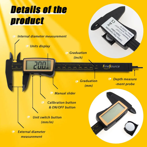 Pro Grade Digital Caliper With Large LCD Screen For Quick Inside Outside Depth And Step Measurements 0 To 6 Inches 150mm Inch Metric Toggle Auto On Auto Off Carbon Fiber Body displaying measurement details.