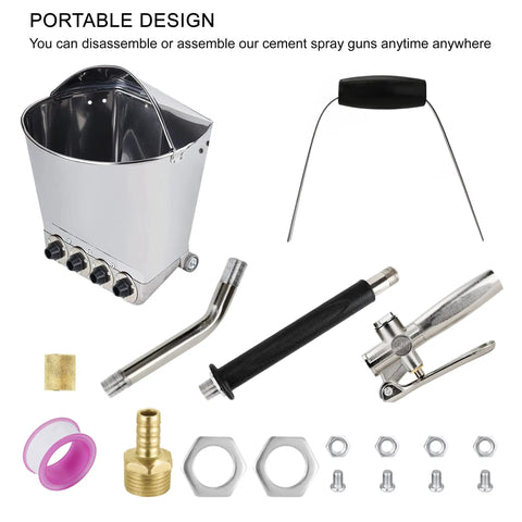 Pro Grade Air Powered Stucco And Mortar Sprayer With Deep Hopper And Four Quick Change Nozzles components including nozzle, hose, and hopper.