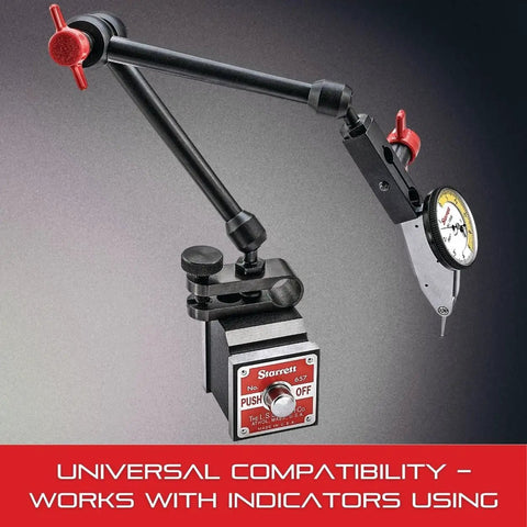 Pro Grade Magnetic Base Universal Indicator Holder with three pivots and control knob shown with dial indicator attached.