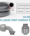 Three Quarter Inch Six Foot Liquid Tight PVC Electrical Conduit Kit with Straight and 90 Degree Fittings, dimensions highlighted