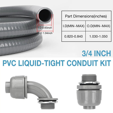 Three Quarter Inch Six Foot Liquid Tight PVC Electrical Conduit Kit with Straight and 90 Degree Fittings, dimensions highlighted
