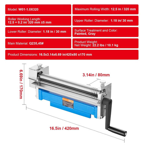 Slip Roll Machine With 12.6 Inch Forming Width For 20 Gauge Metal showing dimensions and features in red text overlay