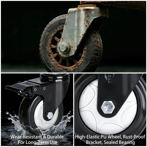 Rock Solid Five Inch Polyurethane Swivel Caster Wheels Set Of Four With M10 Threaded Stem, showcasing wear-resistant wheels.