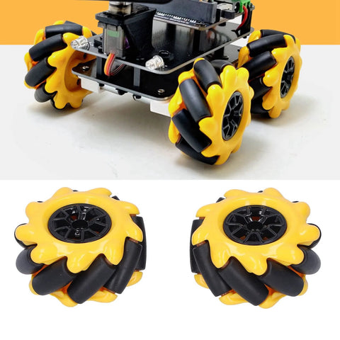 Mecanum wheel set for robot car; four yellow and black 48mm omni wheels shown installed on chassis