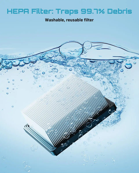 HEPA filter submerged in water, emphasizing washable and reusable features for Cordless Wet And Dry Shop Vacuum For Garage And Car Cleanups Boss Grade 2.6 Gallon Mini Vacuum With Accessory Storage Holder Includes 2 Pack 4.0Ah Batteries HEPA Filter And 3 In 1 Suction For Easy Cleanup.