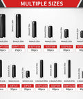 440 Piece Roll Pin Kit With Slotted Steel Pins, 13 Sizes From 13/64 To 15/64 Inch, Durable Carbon Steel, Rust Resistant Black Oxide Finish, Perfect For DIY Projects, Auto Repairs, Home Improvement, And Tough Machinery Work. size chart of black slotted roll pins with dimensions and piece counts
