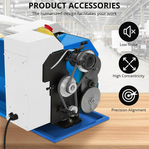 9 Inch Benchtop Metal Lathe With 1100W Variable Speed Motor showing gears and belts for precision alignment in DIY metalworking.