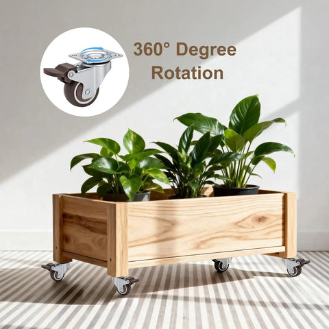 1.5 Inch Rubber Caster Wheels With Brake And Bonus Tools Ultra Smooth Roll Swivel Casters 360 Degree Turning For Sofas Tables And Workbenches 300 Lbs Capacity Set Of 4 No Sweat Setup Now in a wooden planter with potted plants.