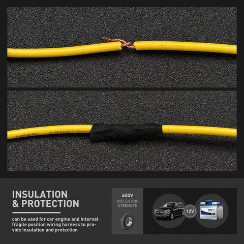 Yellow wire repaired with automotive wire harness cloth tape shown for insulation and protection features.