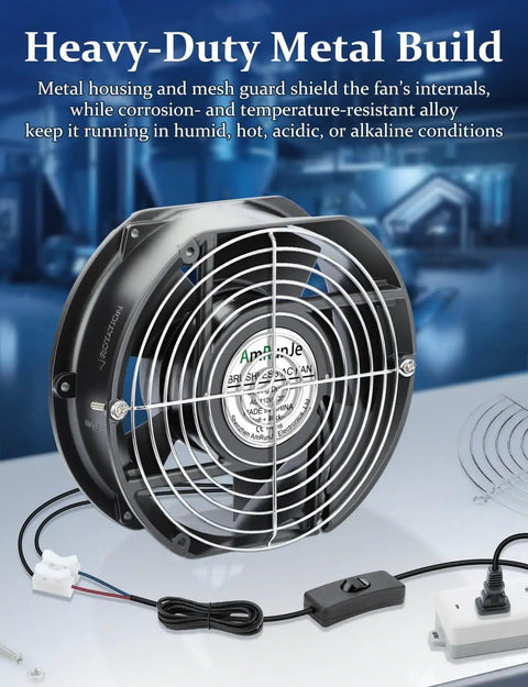 Beefy 110V 120V Axial Fan With Dual Ball Bearings And Switch, metal frame, 172mm x 150mm x 51mm, for greenhouses and server rooms.