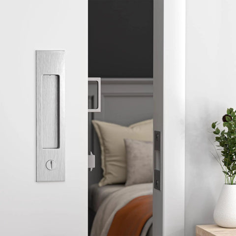 Pocket Door Hardware With Lock Privacy Recessed Edge Pull In Brushed Nickel For Smooth Quiet Sliding Doors Flush Mount Handle Kit With Durable Easy Install Design on white pocket door