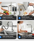 Big Time Upgrade Pull Down Kitchen Sink Faucet Featuring Four High Pressure Spray Modes In Durable Brushed Nickel And Reliable Waterfall Flow For Zero Stress Cleanup Jobs, showcasing elegant waterfall, bubble spray, wide sweep spray, and gentle fruit wash.