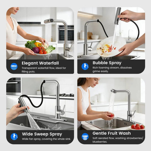 Big Time Upgrade Pull Down Kitchen Sink Faucet Featuring Four High Pressure Spray Modes In Durable Brushed Nickel And Reliable Waterfall Flow For Zero Stress Cleanup Jobs, showcasing elegant waterfall, bubble spray, wide sweep spray, and gentle fruit wash.