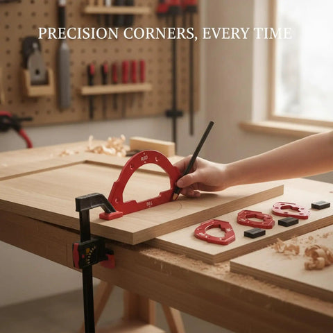 Seven Piece Aluminum Corner Radius Template Kit For Precision Woodworking, demonstrating accurate arc layout on wood.