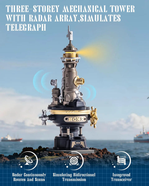 Navi Lighthouse Mechanical 3D Puzzle Lighted DIY Building Set with spiral light chamber displayed on a desk.