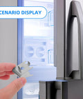 Stainless Steel Refrigerator Shelf Clips Replacement Hooks, handheld next to open fridge door displaying adjustable clip use.