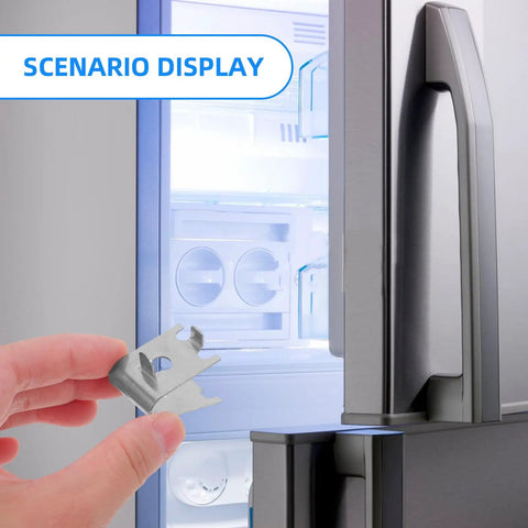 Stainless Steel Refrigerator Shelf Clips Replacement Hooks, handheld next to open fridge door displaying adjustable clip use.