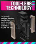 Exploded view of NCORE 100 MAX Mini ITX PC Case with tool-less opening, showing internal structure and panels.
