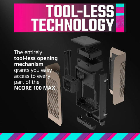 Exploded view of NCORE 100 MAX Mini ITX PC Case with tool-less opening, showing internal structure and panels.
