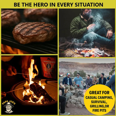 Collage of outdoor scenes including people near a fire, grilled meat, and campers with Waterproof Fire Starter Discs Set For Outdoorsy Folks