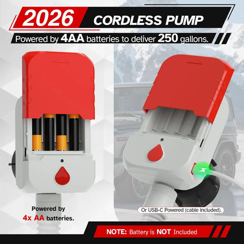 No Sweat Portable Fuel Transfer Pump With Smart Auto Stop Shutoff 3.8 Gallons Per Minute Battery Or Usb Powered Design showing cordless pump design with battery compartment.