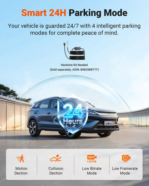 SUV parked with Beast 4K Front, 2.5K Interior, 1080P Rear Dash Cam With Triple STARVIS 2 Sensors, showcasing smart 24H mode.