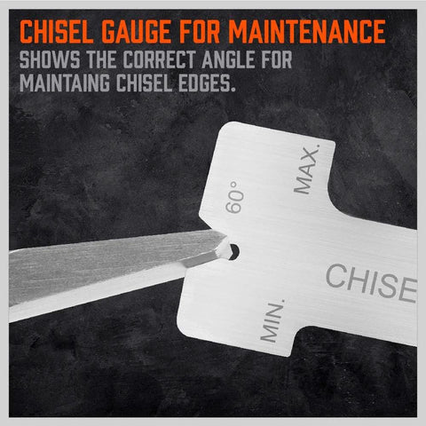 Close-up of chisel gauge for maintenance showing 60° angle and MIN/MAX markings